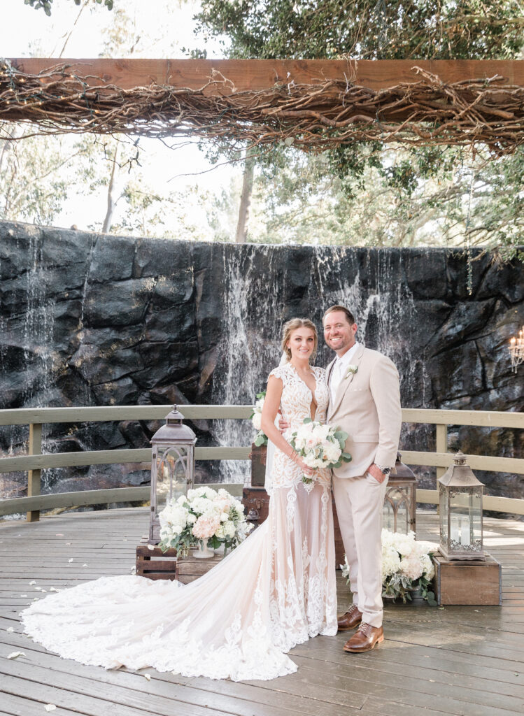 bride and groom calamigos ranch wedding oak room